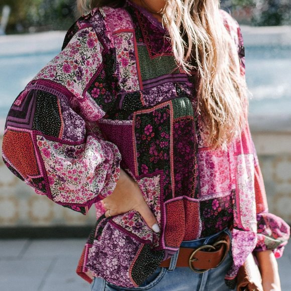Private Label Tops - Rose Cottagecore Floral Print Patchwork Tunic Top